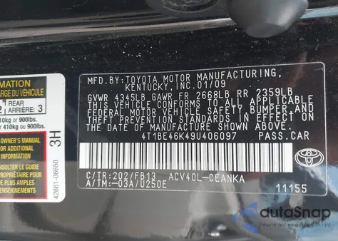 2009 Toyota Camry Le from USA, damaged, VIN 4T1BE46K49U406097